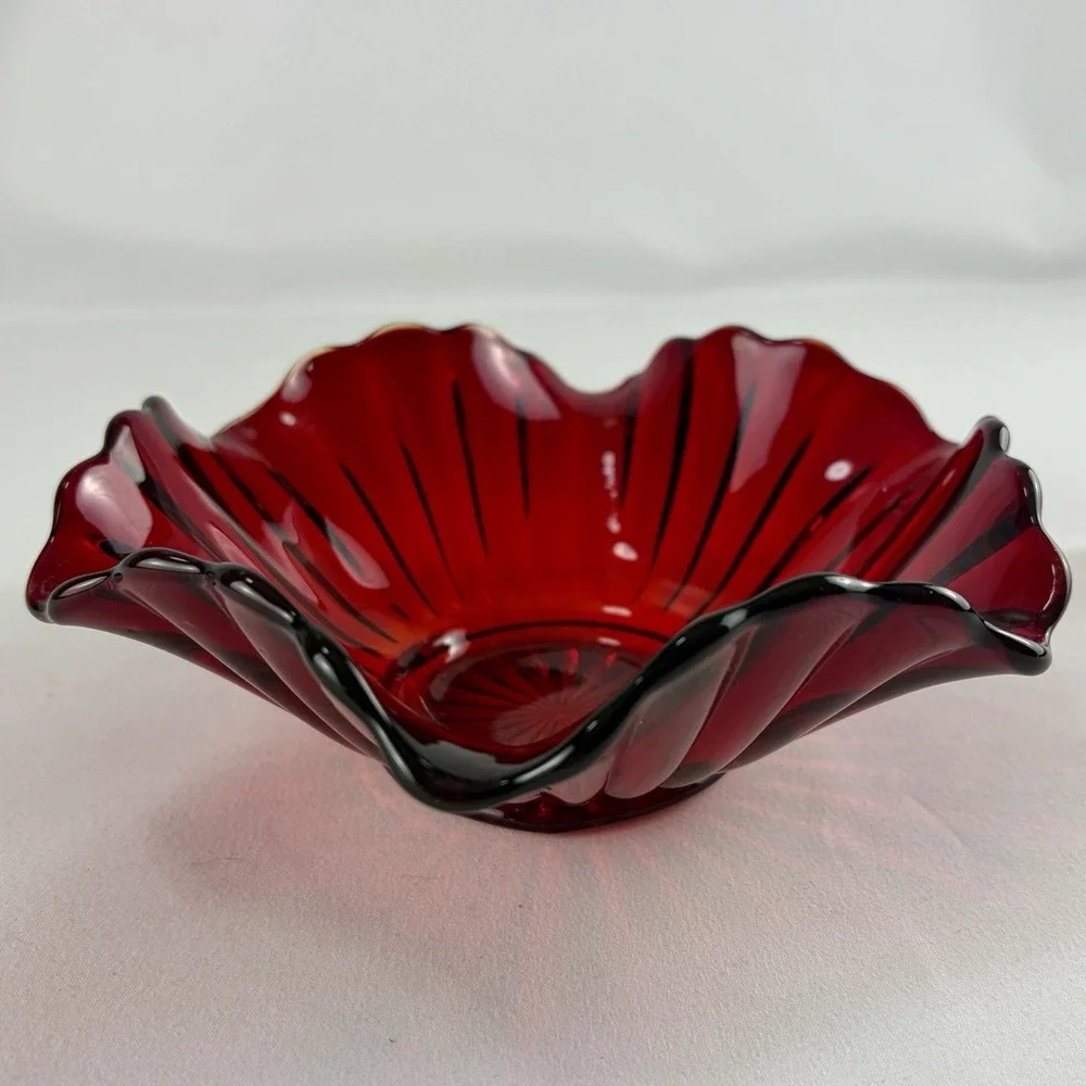 Amberina Fluted Glass Candy Bowl Vintage Red 6.75